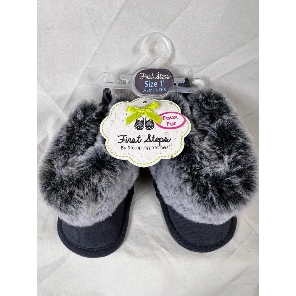 First Steps Booties Baby Size 1 Gray New Faux Fur Trim Hook Loop Closure